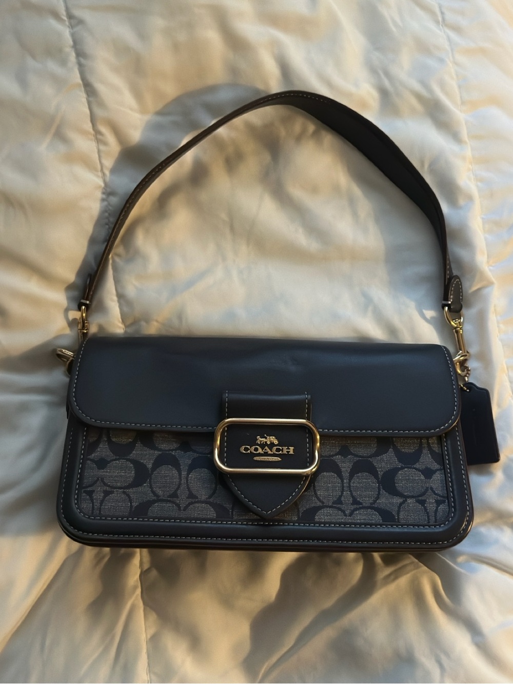 Coach Signature Canvas and Leather Shoulder Bag in Navy